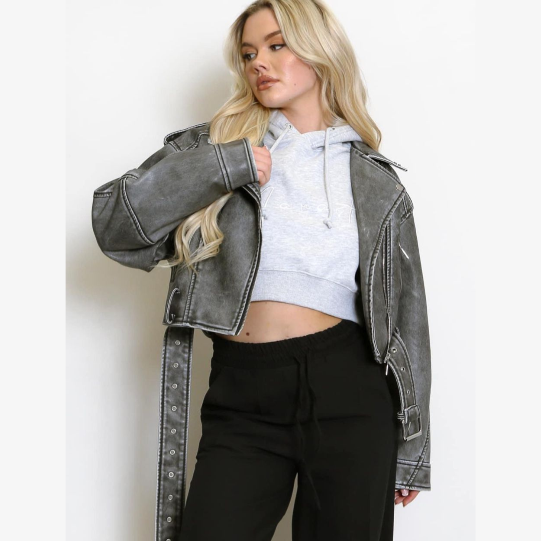 Grey Belted Waist PU Leather Biker Jacket