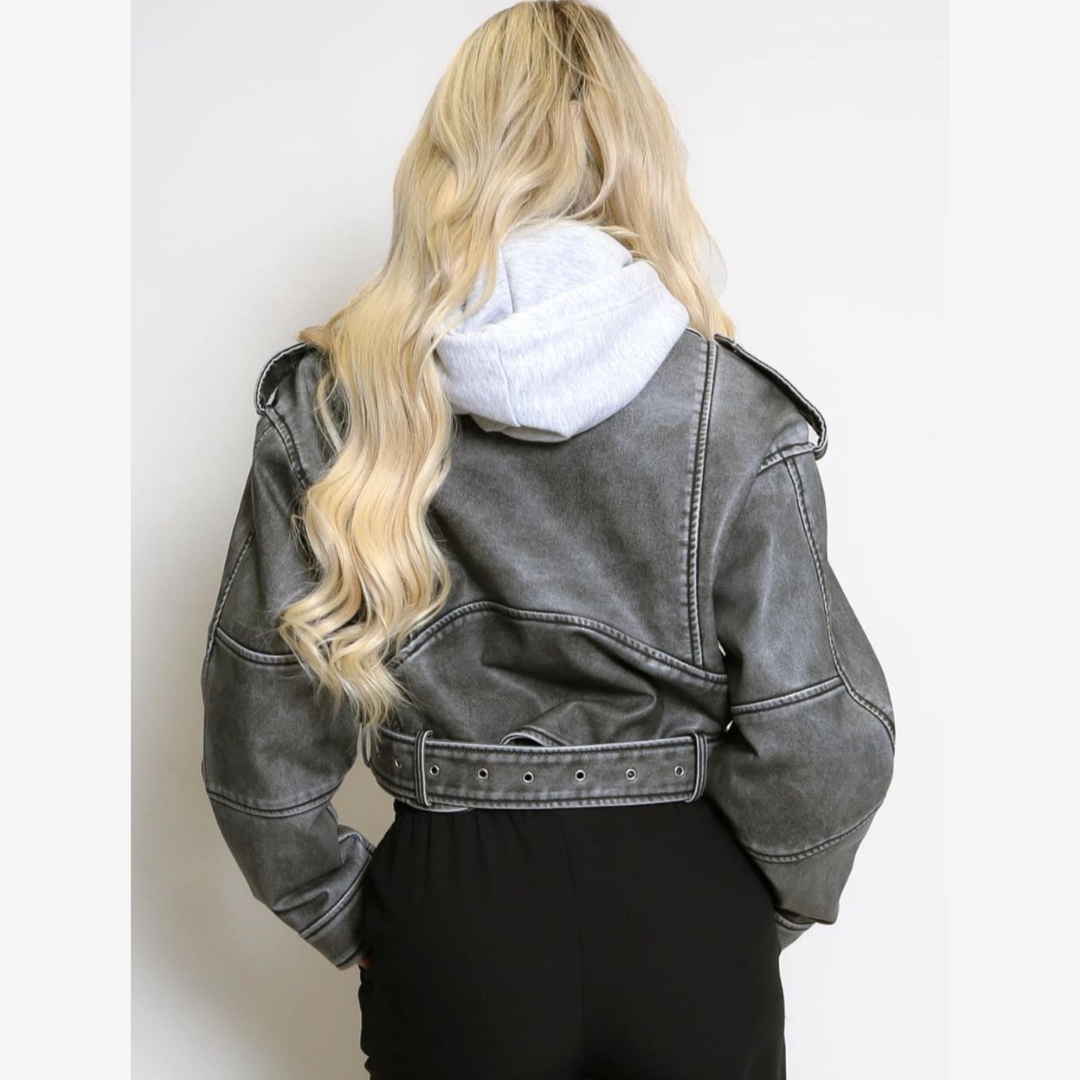 Grey Belted Waist PU Leather Biker Jacket