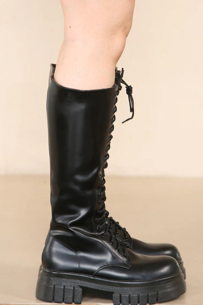 Black Chunky Calf High Boots With Lace Up