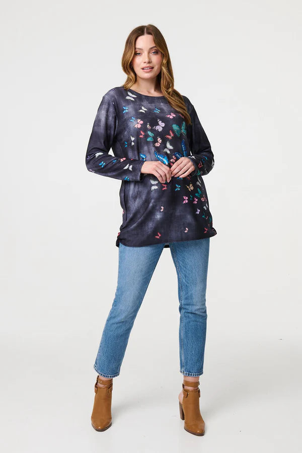 Butterfly Print Oversized Longline Top in Grey