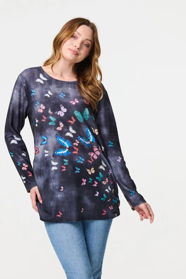 Butterfly Print Oversized Longline Top in Grey