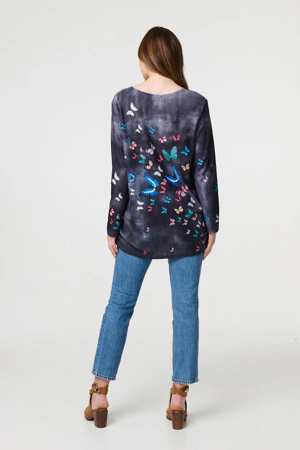 Butterfly Print Oversized Longline Top in Grey