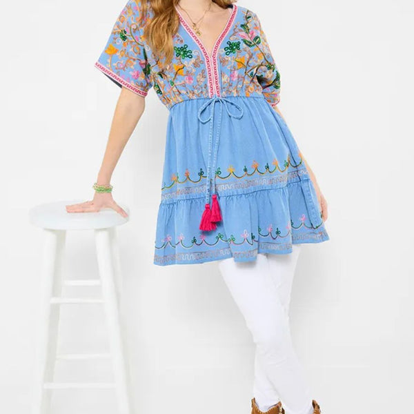 Emma Embroidered Denim Tunic Dress