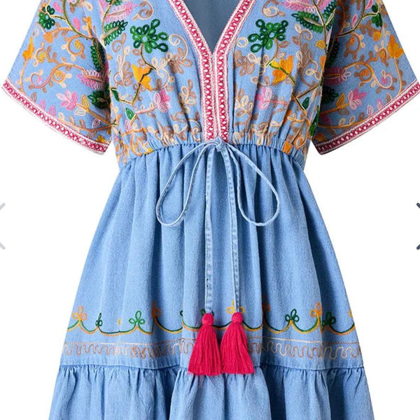 Emma Embroidered Denim Tunic Dress