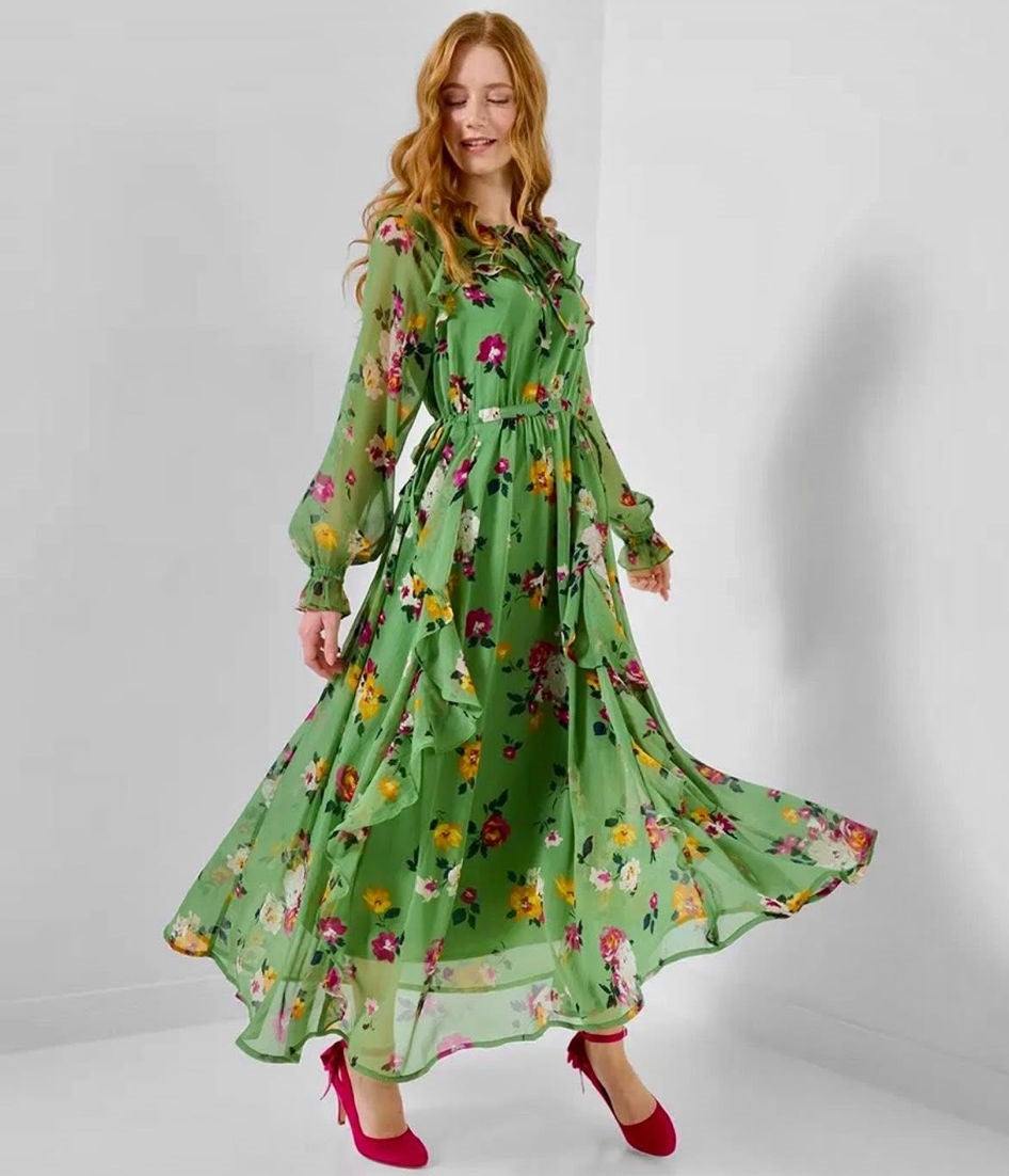 Daydreamer Printed Georgette Dress IN GREEN