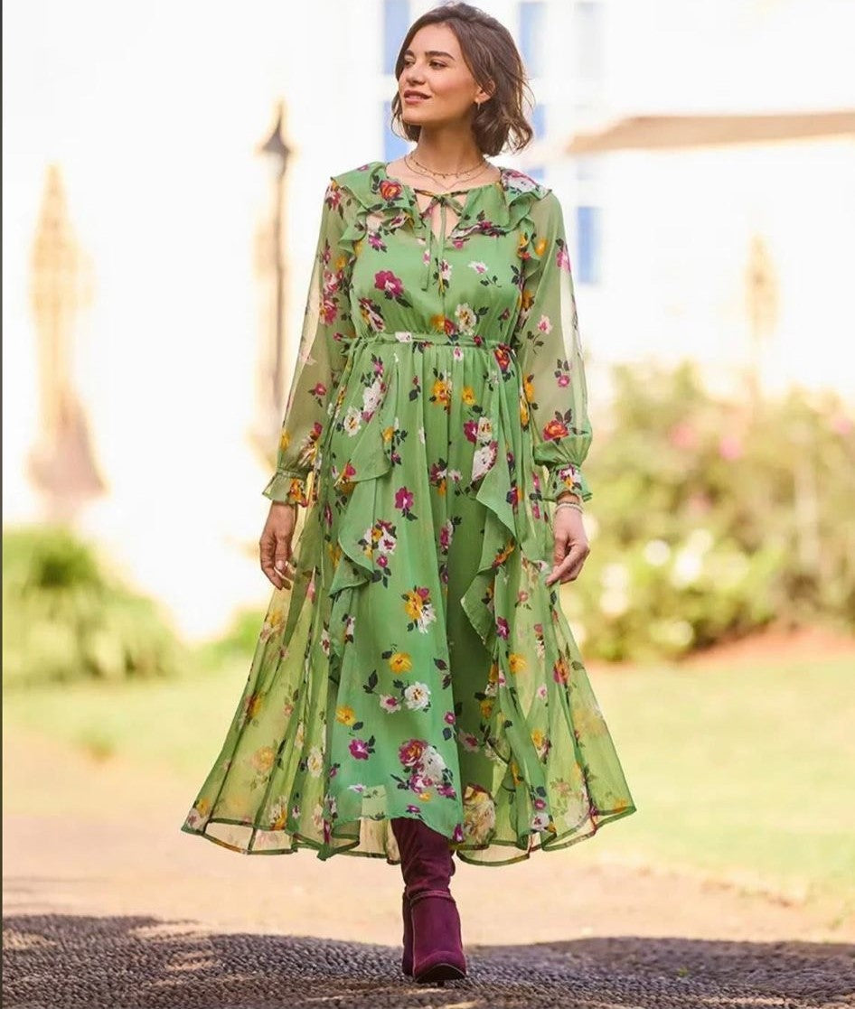 Daydreamer Printed Georgette Dress IN GREEN