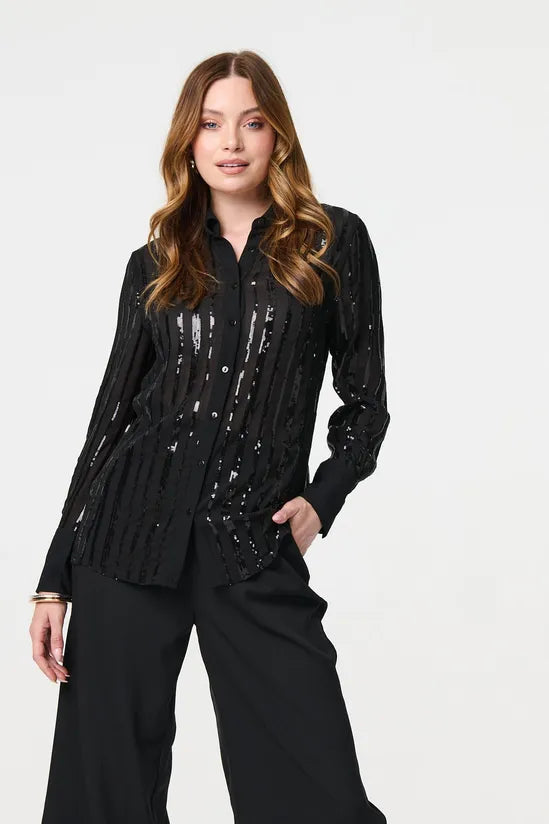 Sequin Striped Sheer Long Sleeve Shirt