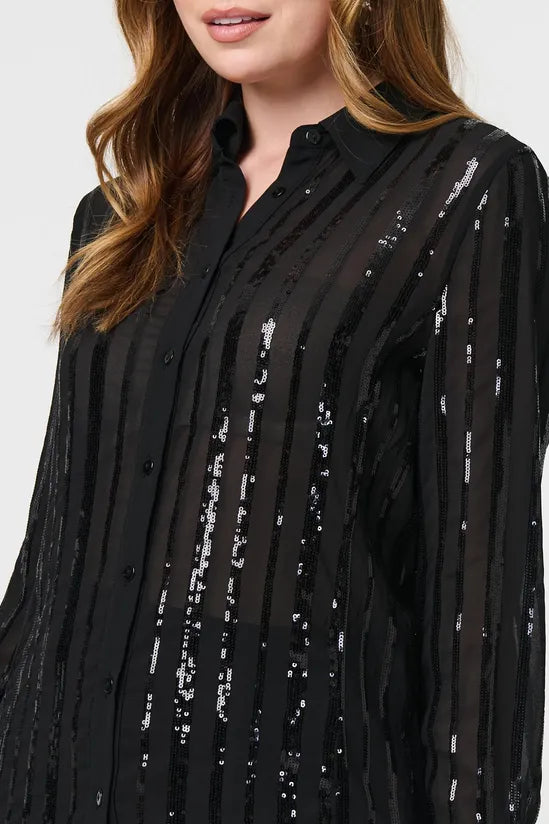 Sequin Striped Sheer Long Sleeve Shirt