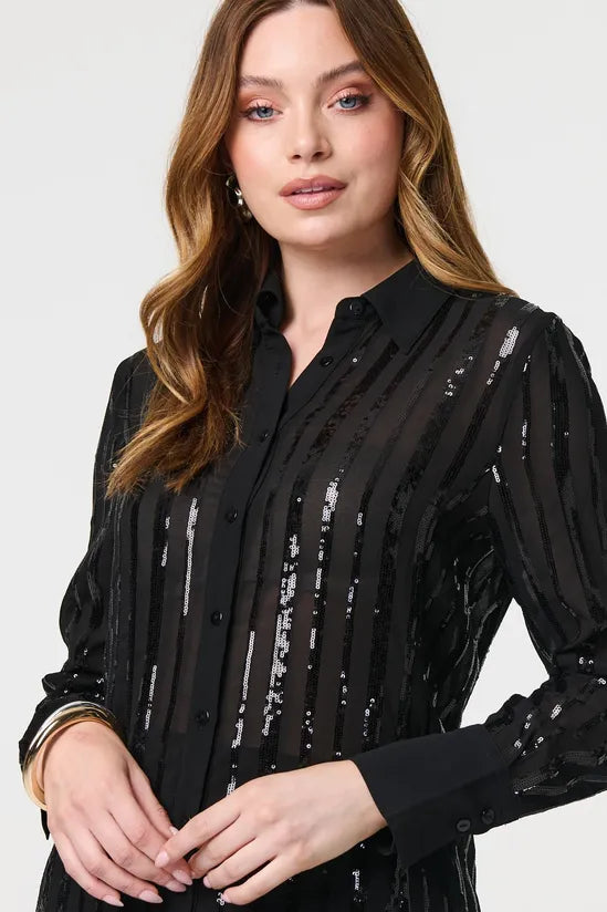 Sequin Striped Sheer Long Sleeve Shirt